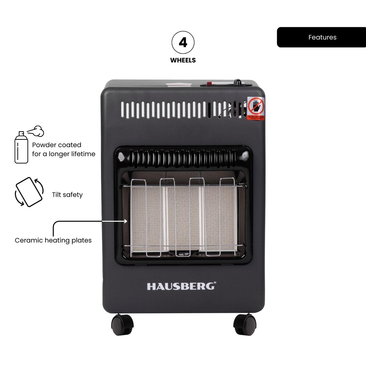 Mini Soba pe gaz GPL HAUSBERG HB-1023NG, aprindere piezo-electrica, 3 placi de incalzire ceramic putere totala 4.2kW, sistem de oprire automata a gazului