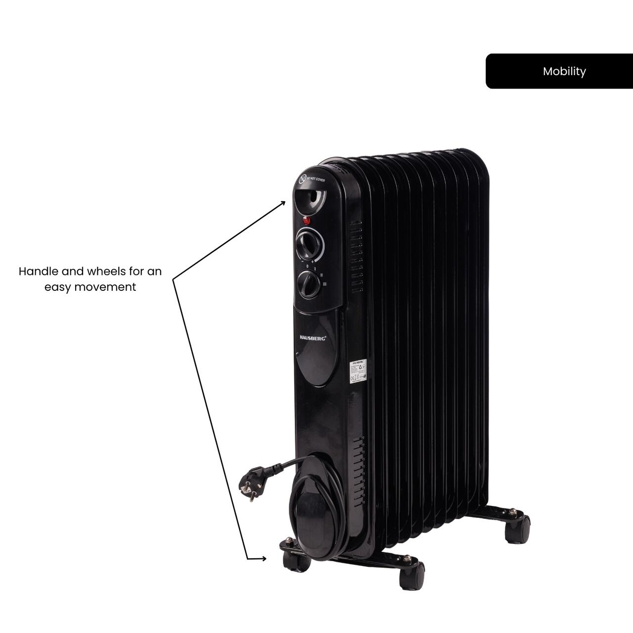 Calorifer electric cu ulei HAUSBERG HB-8925, 3 trepte, 1000-1500-2500 W, 11 elementi 110 mm x 580 mm, termostat reglabil, maner si rotite pentru o deplasare facila, indicator luminos functionare