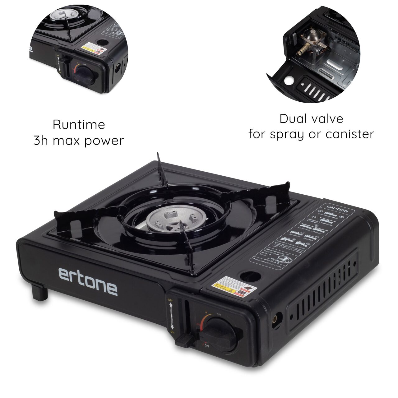 Aragaz portabil 2 in 1 camping Ertone ERT-MN232, Pentru butelie spray si standard, 2.2 kW, Aprindere piezo, Negru
