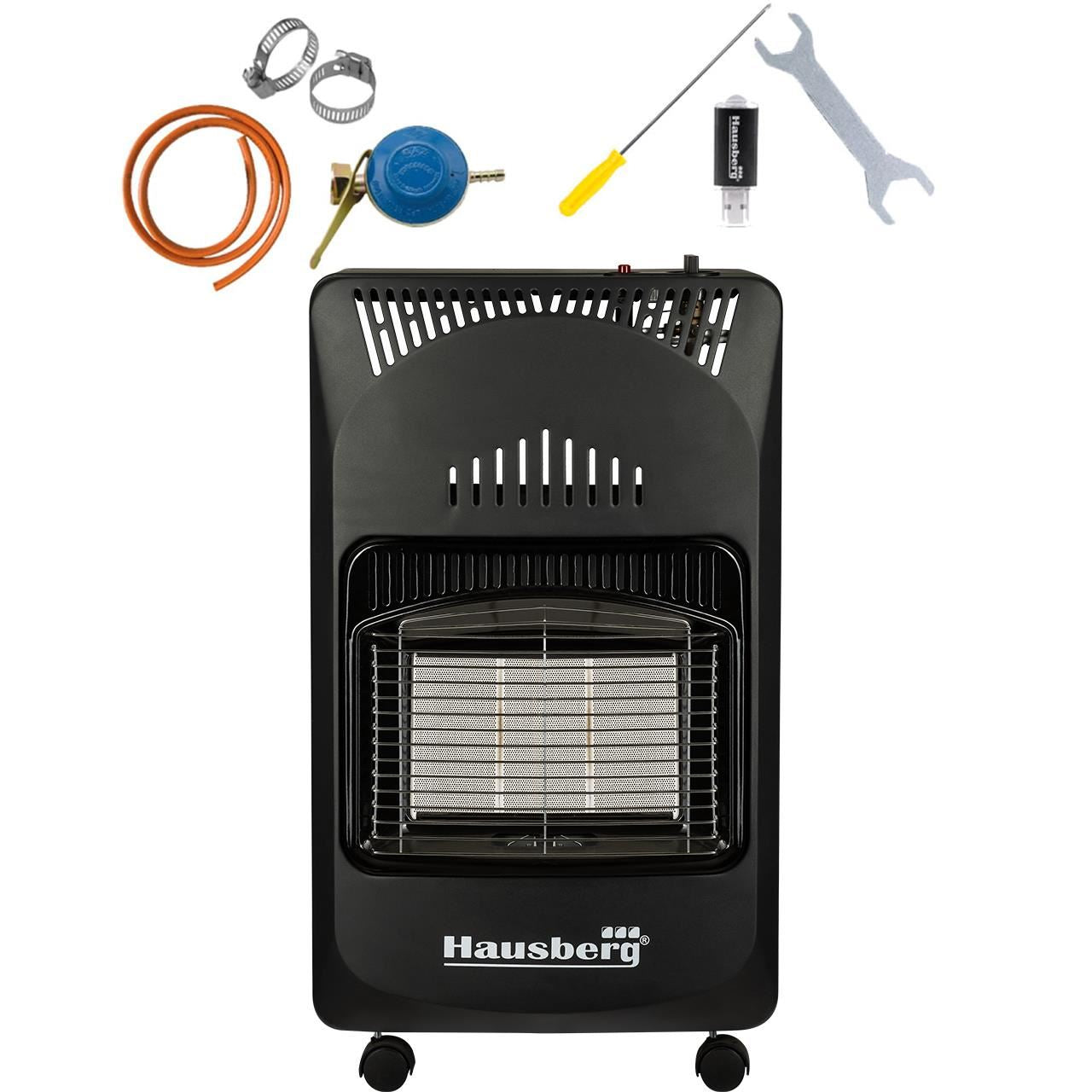 Pachet Soba pe gaz GPL HAUSBERG HB-1010NG, aprindere piezo-electrica, 4.2kW, Negru, Ceas butelie, 1m furtun gaz MN2015 si 2 coliere furtun