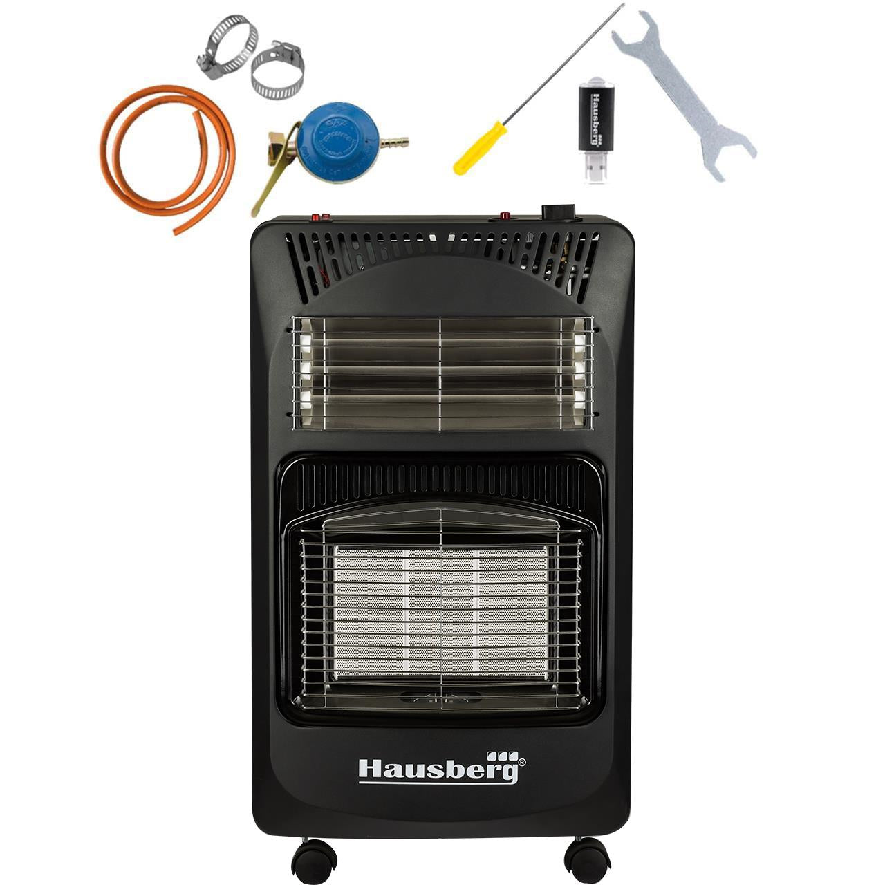 Pachet Soba pe gaz GPL (butelie) si electric HAUSBERG HB-1020NG, aprindere piezo-electrica, 4.2kW, Negru, Ceas butelie, 1m furtun gaz MN2015 si 2 coliere furtun