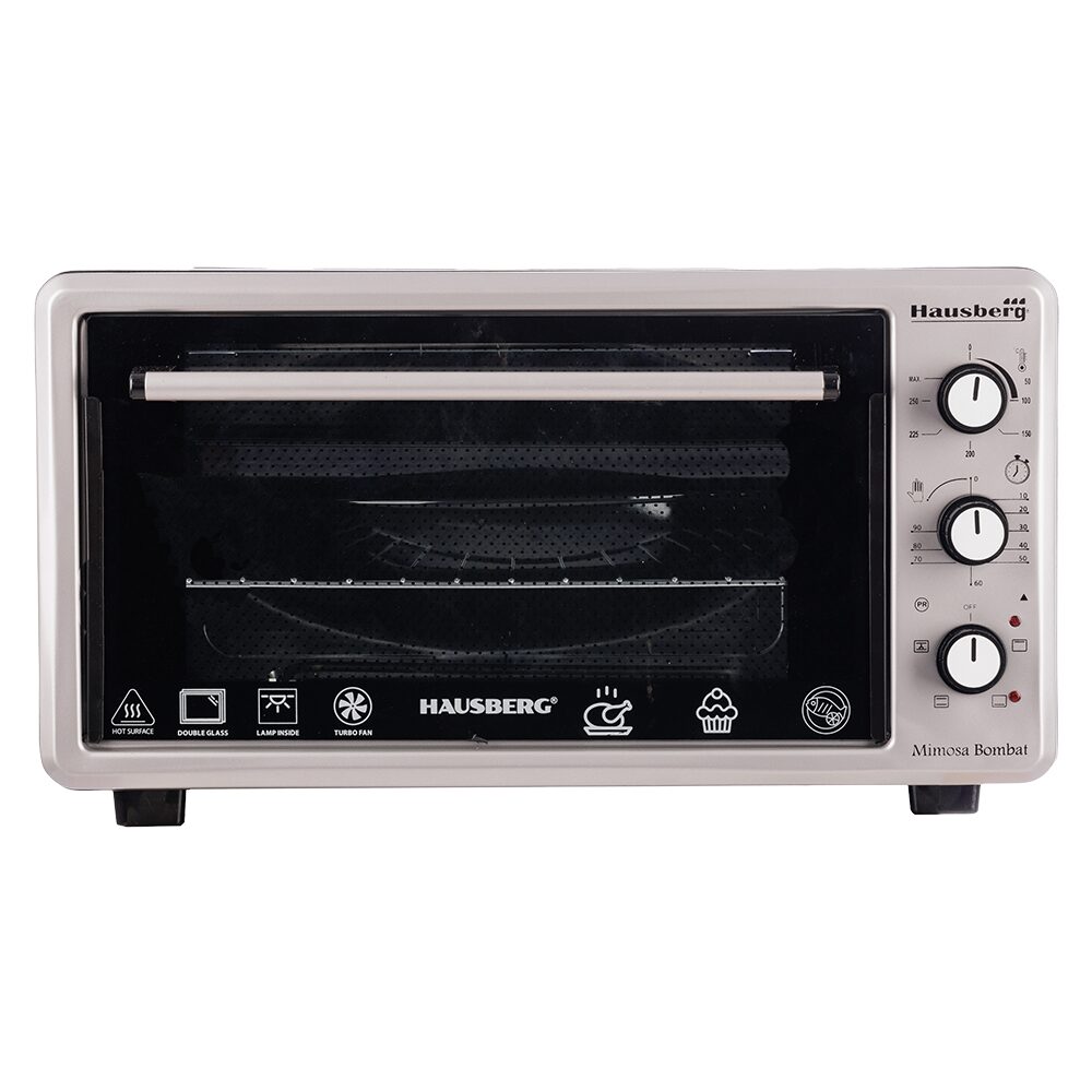 Cuptor Electric cu Ventilator HAUSBERG HB-8015, 1800 W, Geam dublu, 48L, Lumina interioara, Timer, 5 Programe gatire, Termostat reglabil 250 grade, Inox/Negru