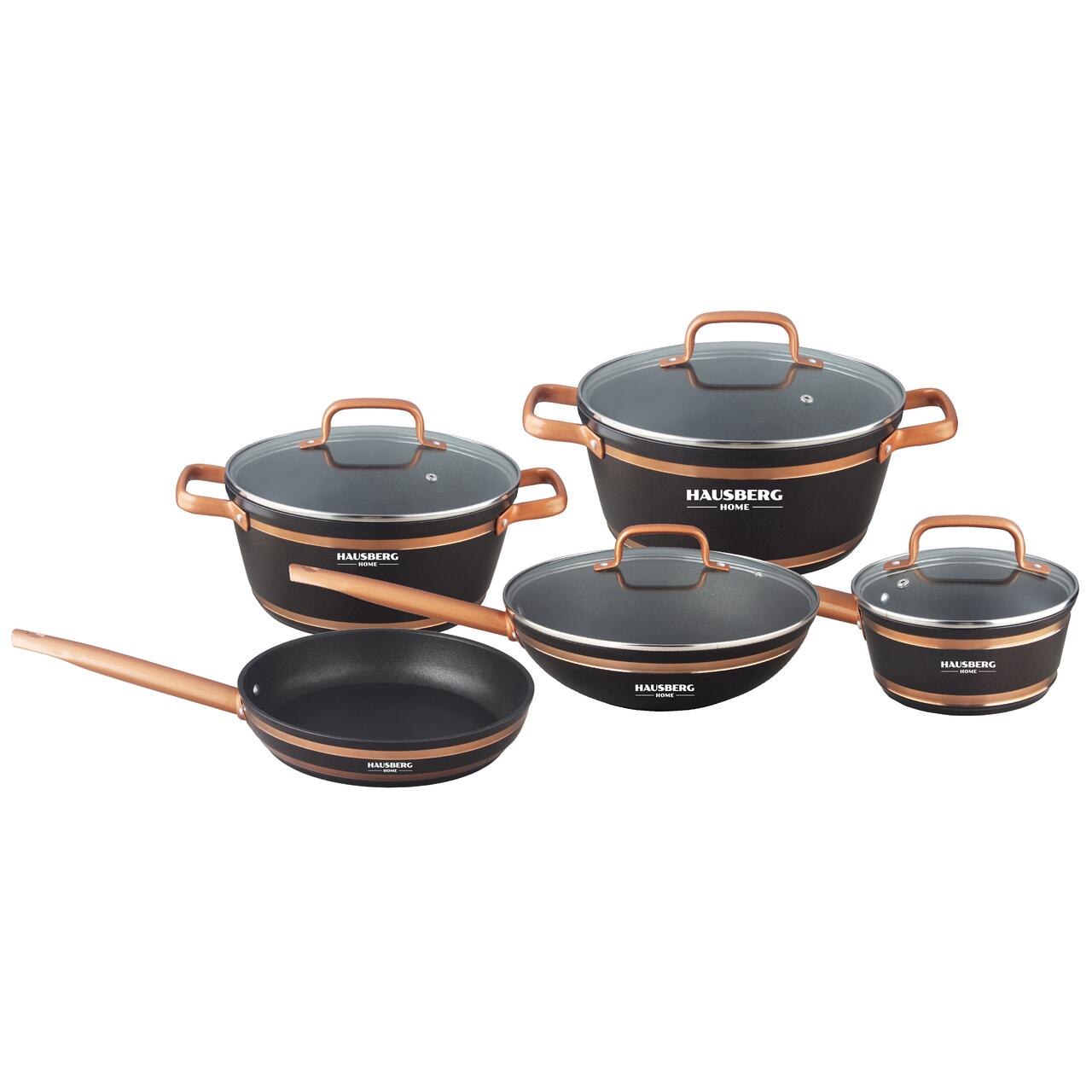 Set oale 9 piese HAUSBERG HB-H767, interior antiaderent, manere soft touch, capac sticla, finisaj cu linie aurie