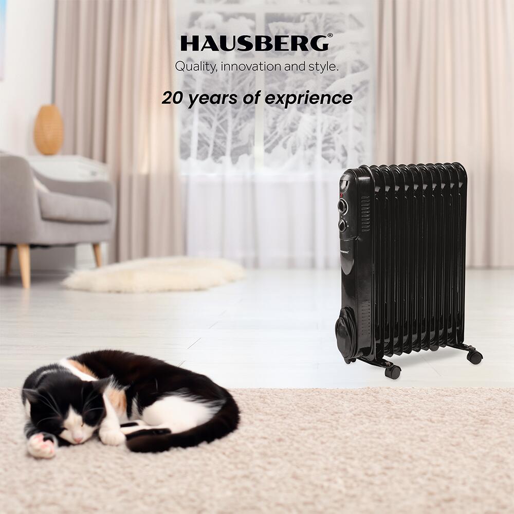 Calorifer electric cu ulei HAUSBERG HB-8925, 3 trepte, 1000-1500-2500 W, 11 elementi 110 mm x 580 mm, termostat reglabil, maner si rotite pentru o deplasare facila, indicator luminos functionare