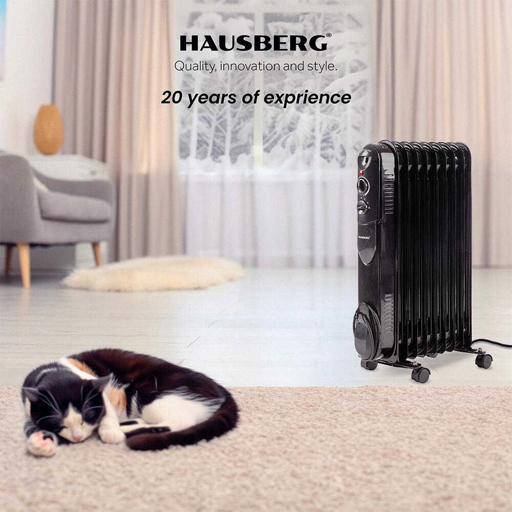 Calorifer electric cu ulei HAUSBERG HB-8915, 3 trepte, 800-1200-2000 W, 9 elementi 110 mm x 580 mm, termostat reglabil, maner si rotite pentru o deplasare facila, indicator luminos functionare