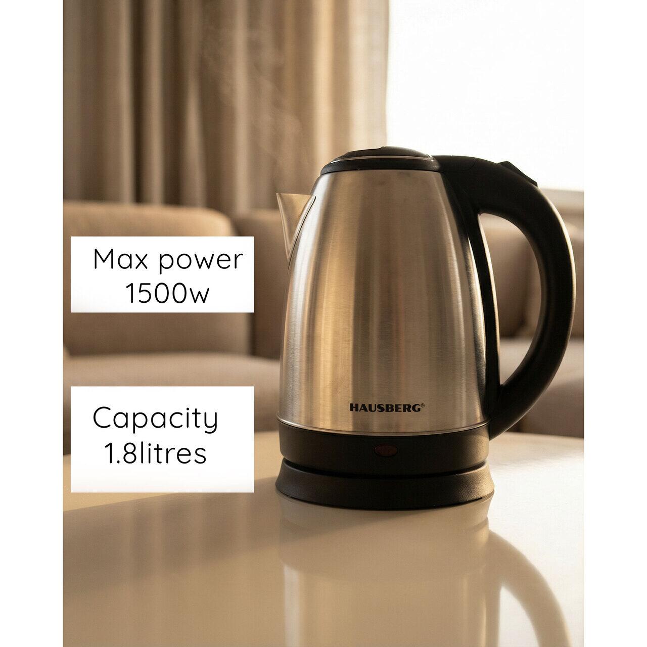 Hausberg HB-3615 rozsdamentes acél vízforraló, 1500 W, 1.8 L, forgatható talp, biztonsági rendszer