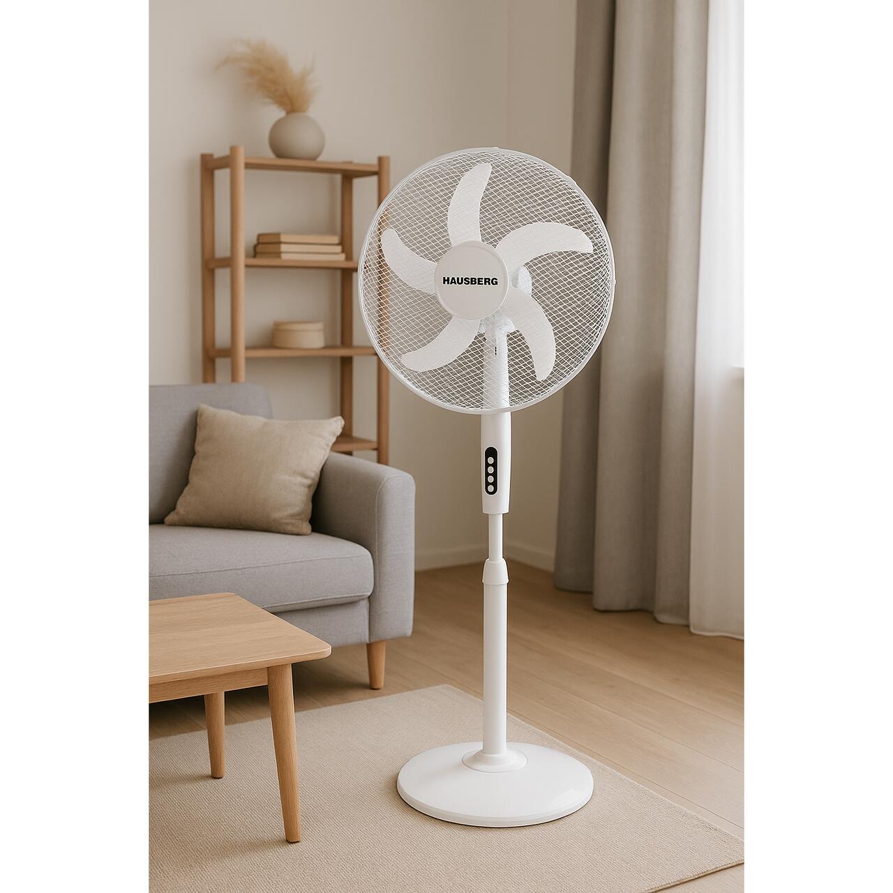 Ventilator cu picior HAUSBERG HB-5870AB, 55W, 46 cm, 3 viteze, temporizator 60 min, indicator LED