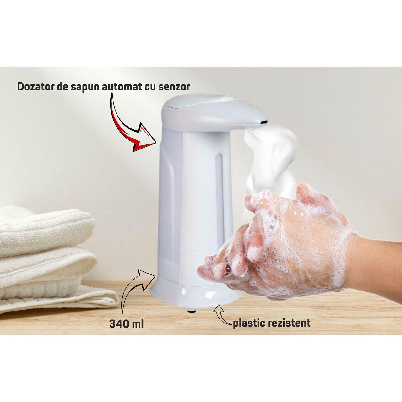 Dozator de sapun automat cu senzor, 340 ml, plastic rezistent, 4 baterii AAA, 1.5V inclus