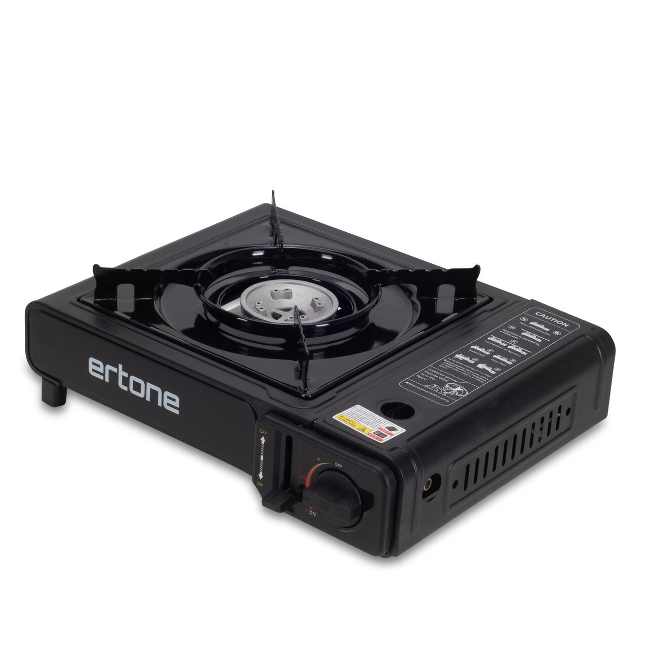 Aragaz portabil 2 in 1 camping Ertone ERT-MN232, Pentru butelie spray si standard, 2.2 kW, Aprindere piezo, Negru