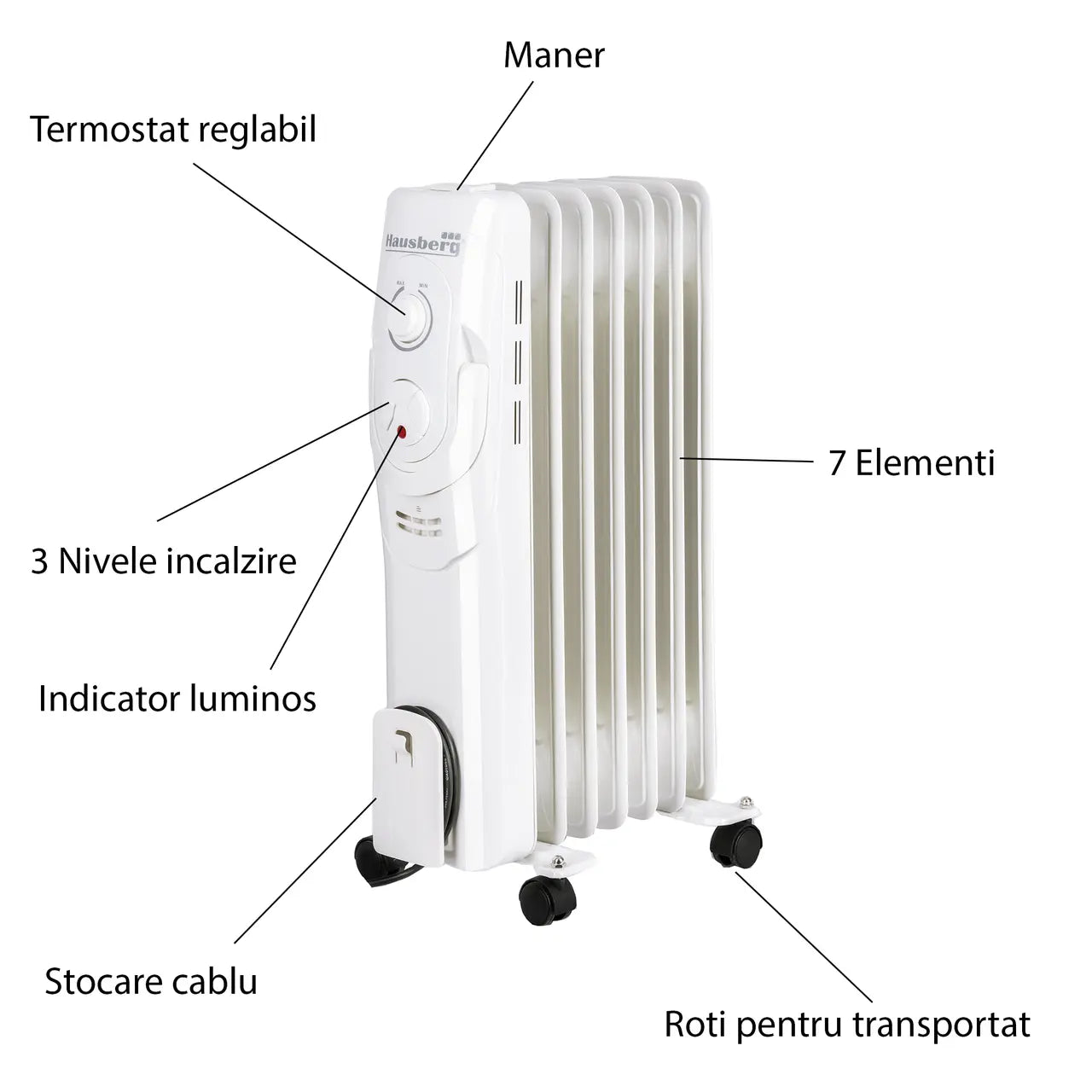 Calorifer electric Hausberg HB-8900, 1500W, 7 elementi, 3 nivele de putere, termostat reglabil
