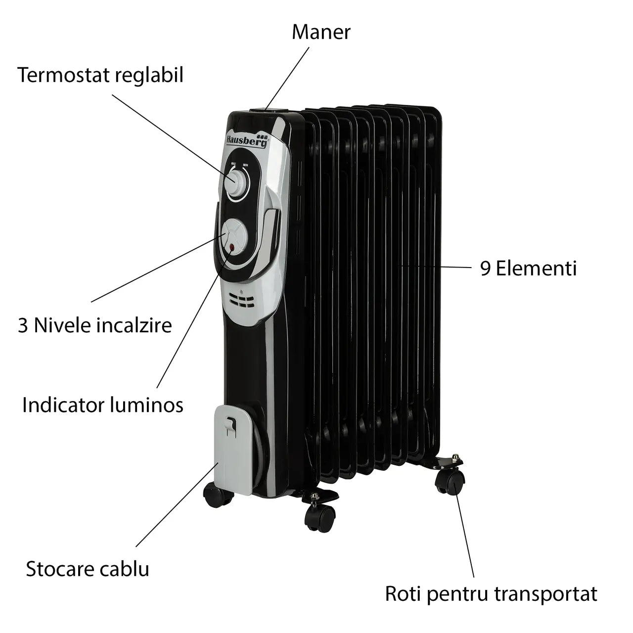 Calorifer electric HAUSBERG HB-8910NG, 2000W, 9 elementi, 3 nivele de putere, termostat reglabil