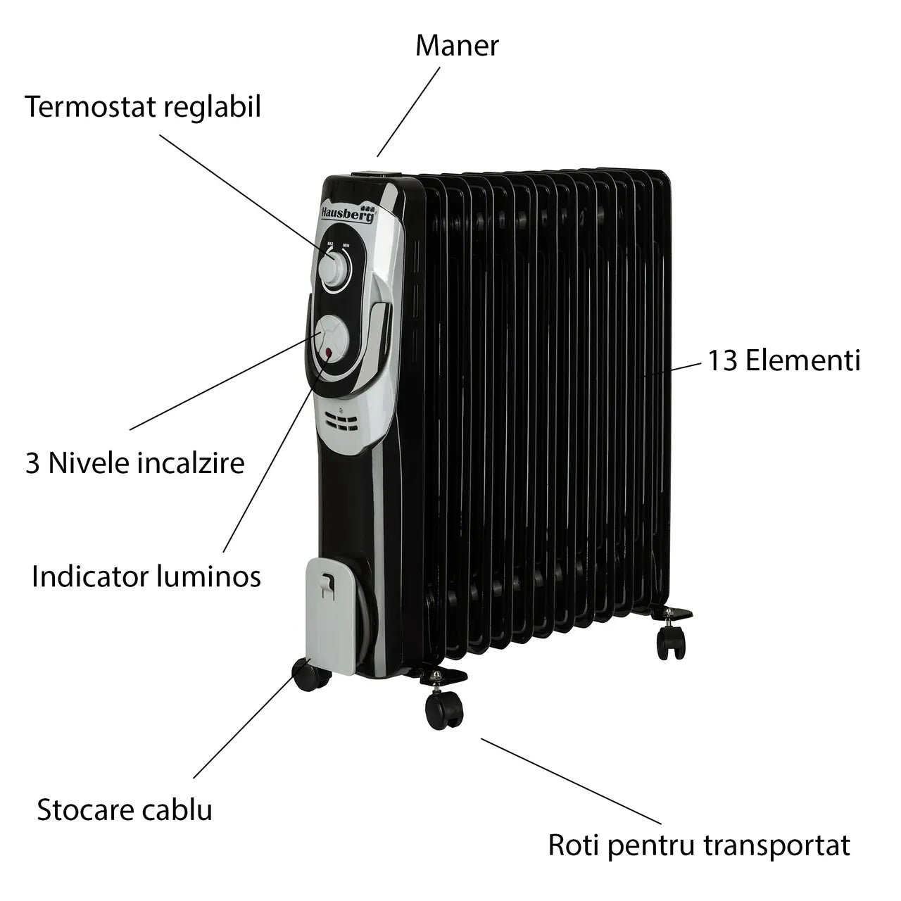 Calorifer electric HAUSBERG HB-8930NG, 2500 W, 13 elementi, 3 nivele de putere, termostat reglabil