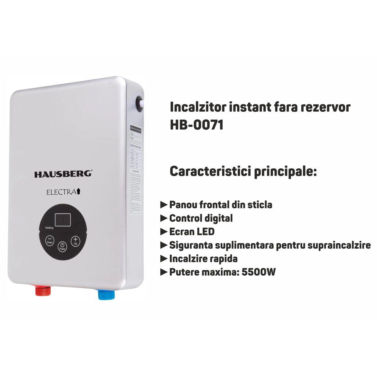 Incalzitor instant fara rezervor Hausberg HB-0071, putere max 5500W 220v, panoul frontal din sticla, control digital