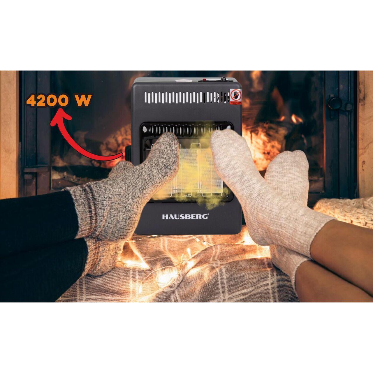 Mini Soba pe gaz GPL HAUSBERG HB-1023NG, aprindere piezo-electrica, 3 placi de incalzire ceramic putere totala 4.2kW, sistem de oprire automata a gazului