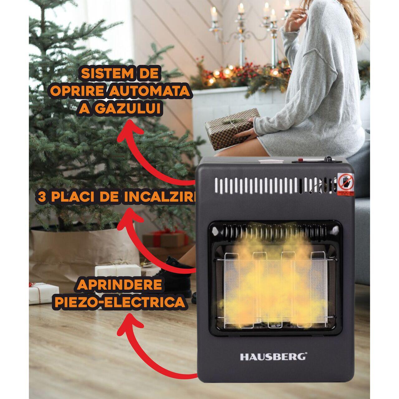 Mini Soba pe gaz GPL HAUSBERG HB-1023NG, aprindere piezo-electrica, 3 placi de incalzire ceramic putere totala 4.2kW, sistem de oprire automata a gazului