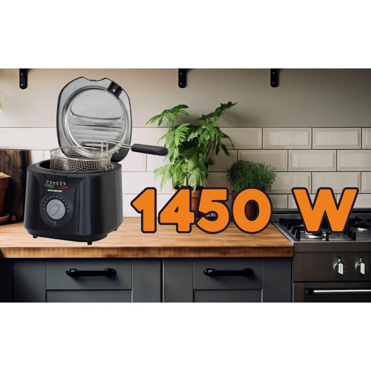 Friteuza HAUSBERG HB-1331NG, 1450 W, 2.5 litri, termostat reglabil 0 - 190 grade C, filtru detasabil din otel inoxidabil, cos cu ulei, protectie supraincalzire, picioare antiderapante