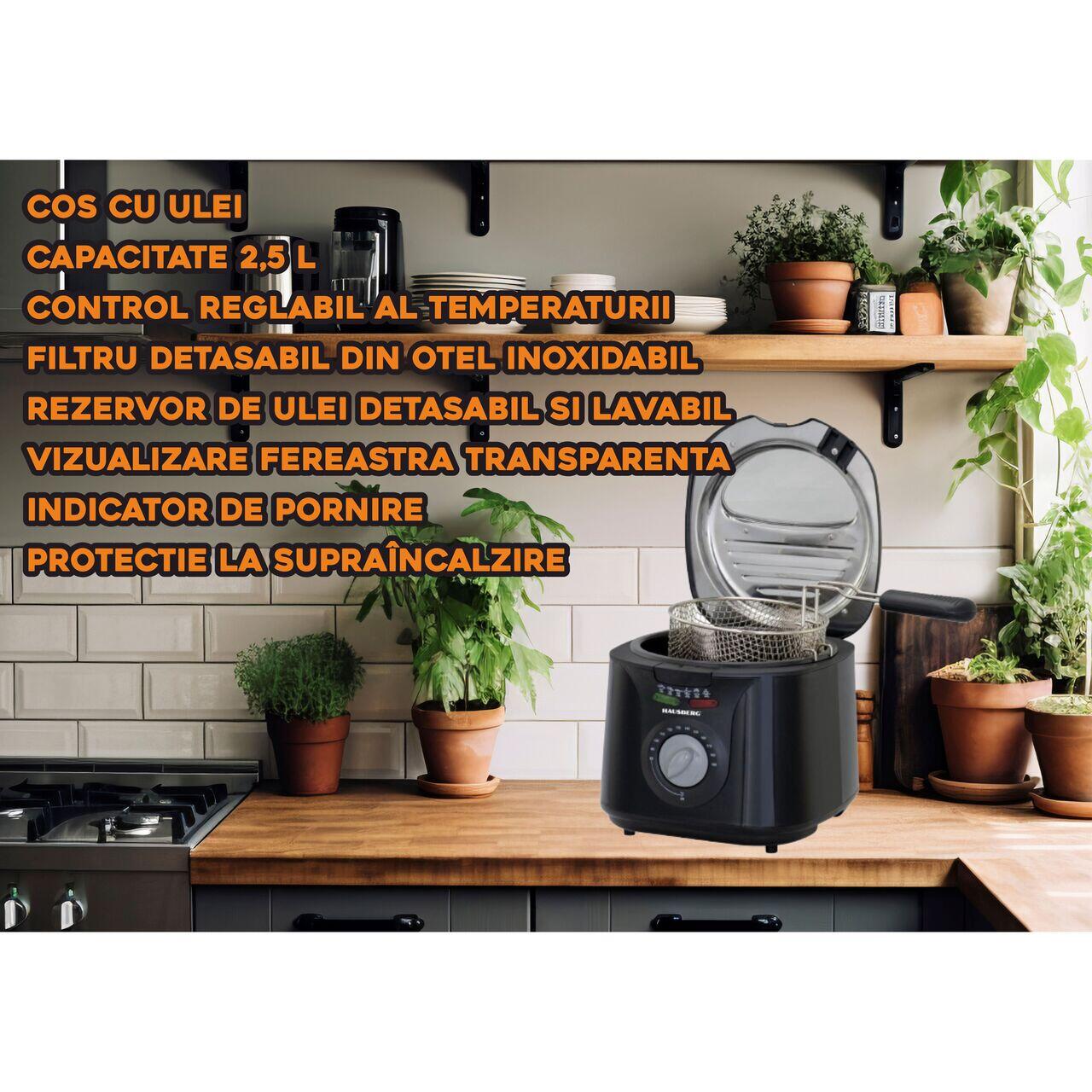 Friteuza HAUSBERG HB-1331NG, 1450 W, 2.5 litri, termostat reglabil 0 - 190 grade C, filtru detasabil din otel inoxidabil, cos cu ulei, protectie supraincalzire, picioare antiderapante
