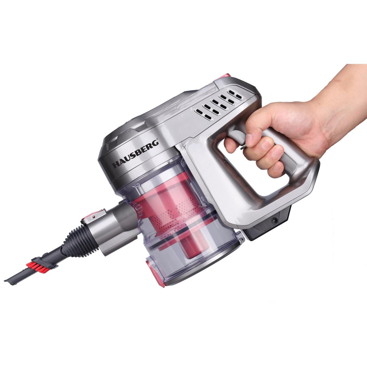 Aspirator de mana si vertical Hausberg HB-2028RS, 2 in 1, fara sac, clasa energetica A, 2 viteze, multifunctional birou, auto, acasa, autonomie 30 min, multisuprafete, accesorii incluse, multifunctional, usor