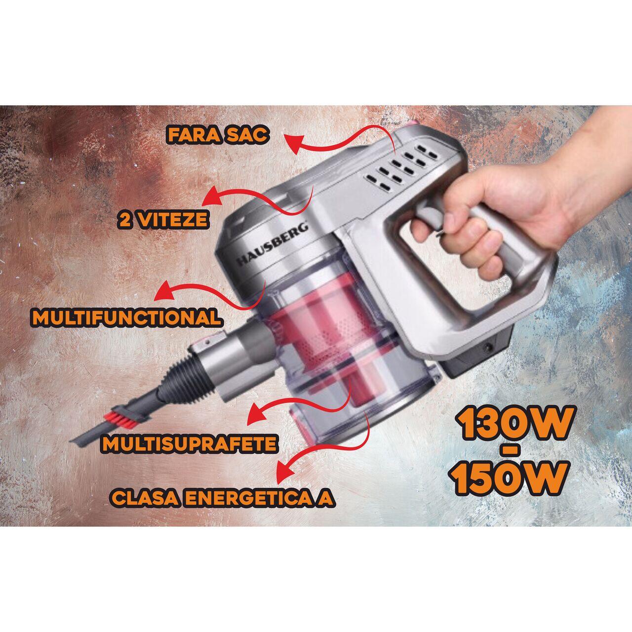Aspirator de mana si vertical Hausberg HB-2028RS, 2 in 1, fara sac, clasa energetica A, 2 viteze, multifunctional birou, auto, acasa, autonomie 30 min, multisuprafete, accesorii incluse, multifunctional, usor