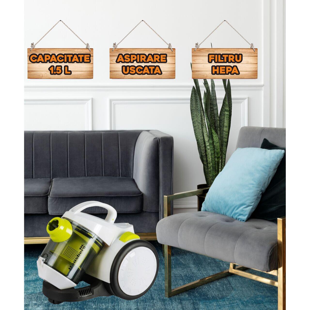 Aspirator fara sac Hausberg HB-2090VR, 1500W, capacitate 1.5 L, aspirare uscata, ciclonic, filtru HEPA
