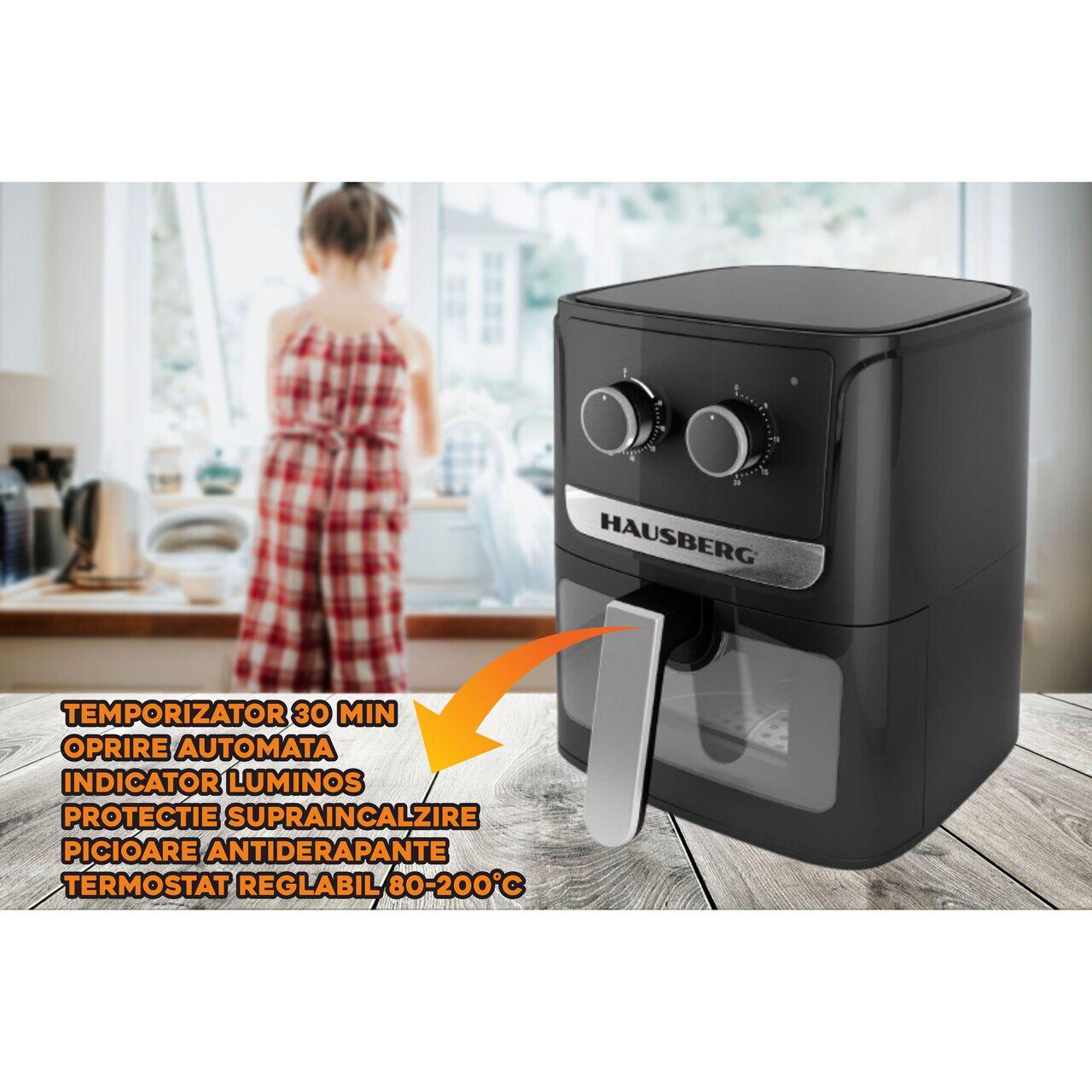 Friteuza cu aer cald HAUSBERG HB-2340, 1300-1500 W, 5 litri, temporizator 30 min, oprire automata, indicator luminos, termostat reglabil 80-200 grade C, protectie supraincalzire, picioare antiderapante