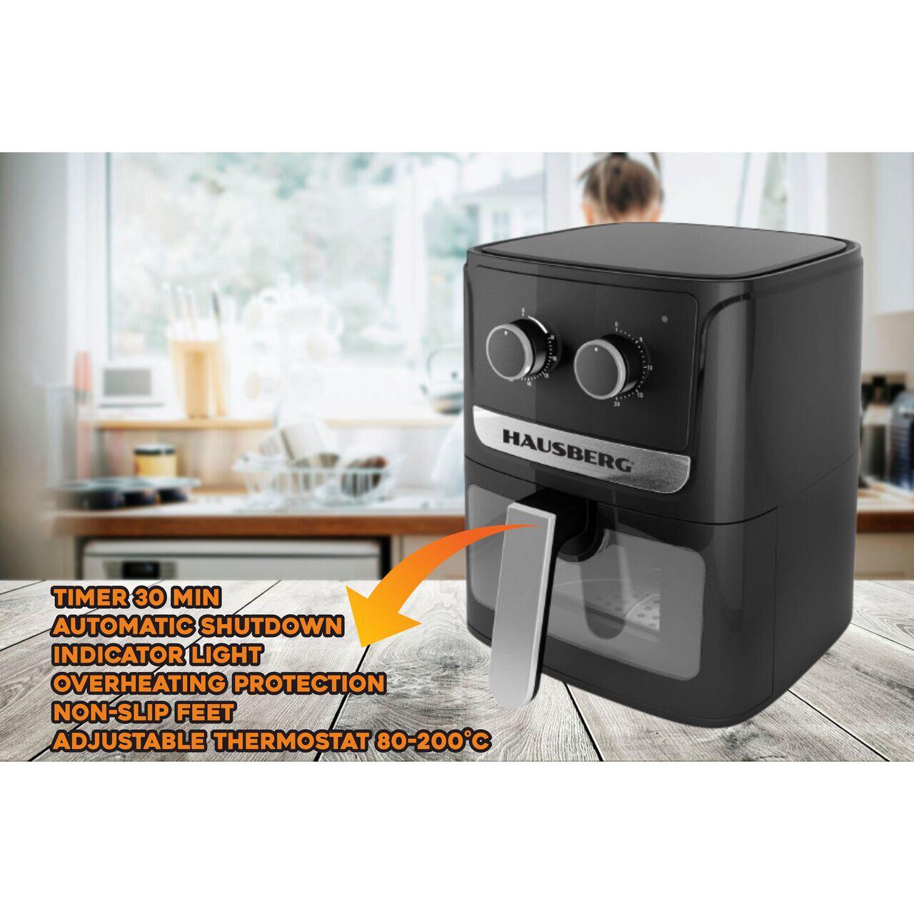 Friteuza cu aer cald HAUSBERG HB-2340, 1300-1500 W, 5 litri, temporizator 30 min, oprire automata, indicator luminos, termostat reglabil 80-200 grade C, protectie supraincalzire, picioare antiderapante
