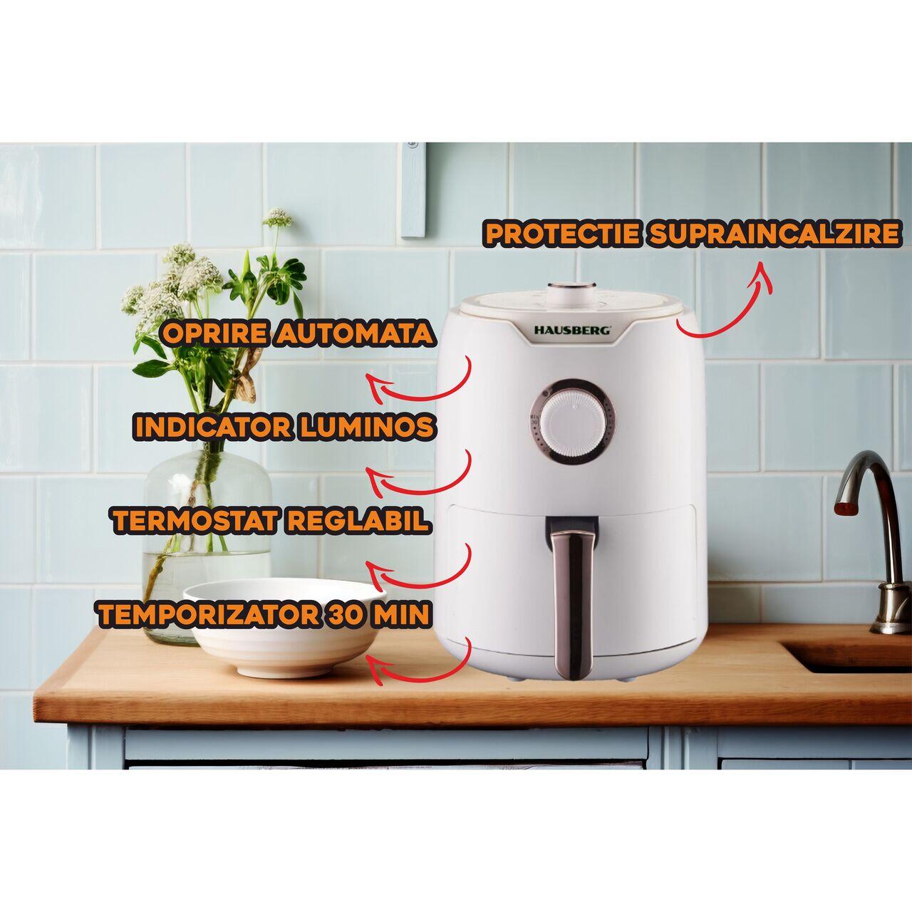 Friteuza cu aer cald HAUSBERG HB-2351, 1000-1200 W, 2.6 litri, temporizator 30 min, oprire automata, indicator luminos, termostat reglabil 80-200 grade C, protectie supraincalzire, picioare antiderapante