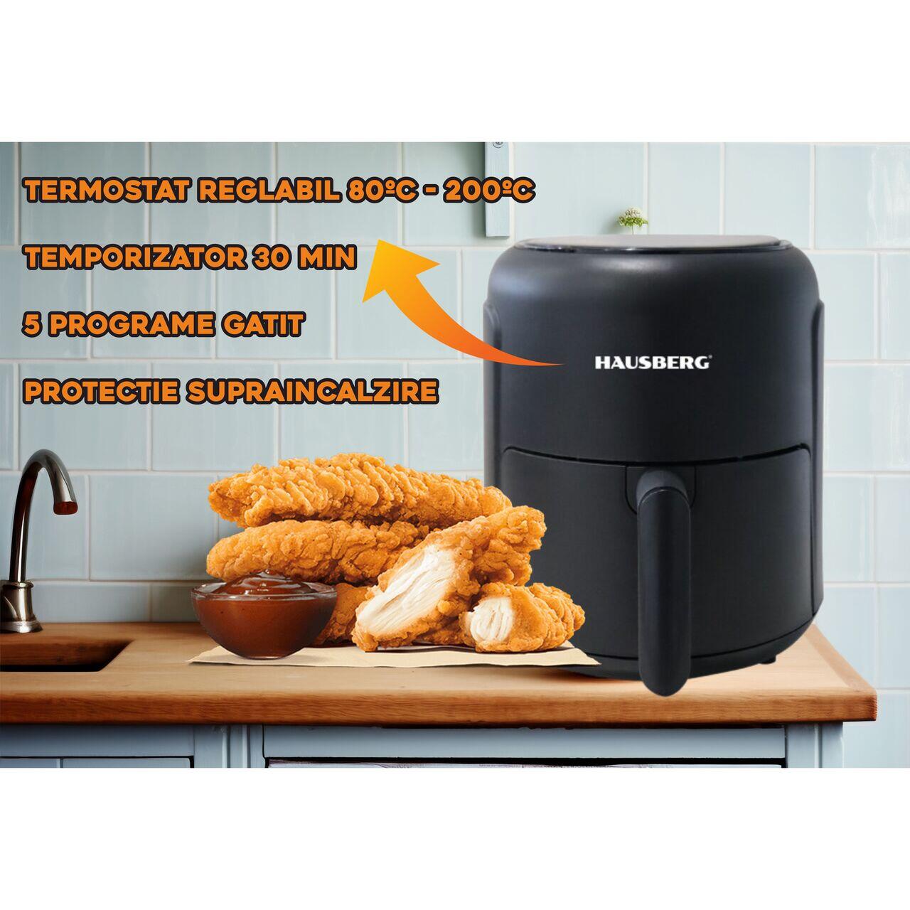 Friteuza cu aer cald HAUSBERG HB-2356, 1000-1200 W, 2.6 litri, temporizator 30 min, termostat reglabil 80 - 200 grade C, 5 programe gatit, protectie supraincalzire