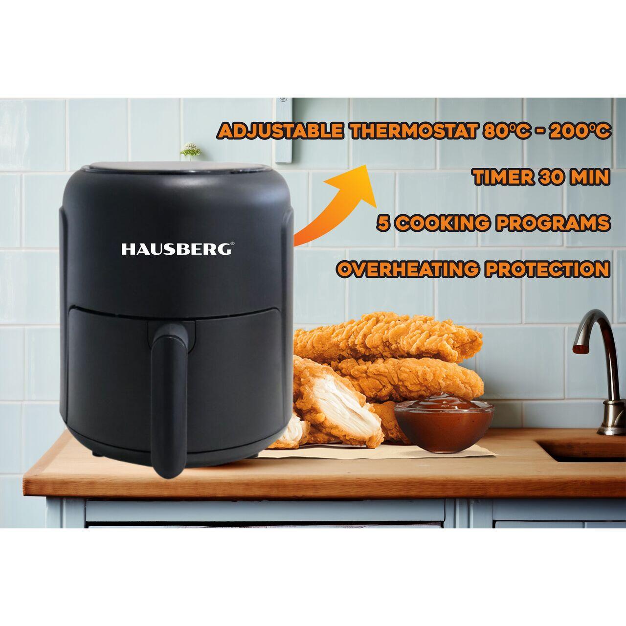 Friteuza cu aer cald HAUSBERG HB-2356, 1000-1200 W, 2.6 litri, temporizator 30 min, termostat reglabil 80 - 200 grade C, 5 programe gatit, protectie supraincalzire
