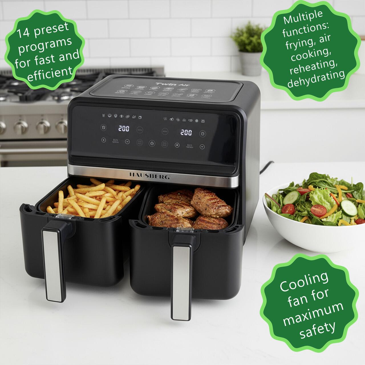 Friteuza dubla cu aer cald HAUSBERG HB-2373NG, 2200-2400W, capacitate 8.4L, termostat reglabil cu afisaj LED, control digital individual, 14 programe prestabilite, temporizator 60 min, ventilator de racire