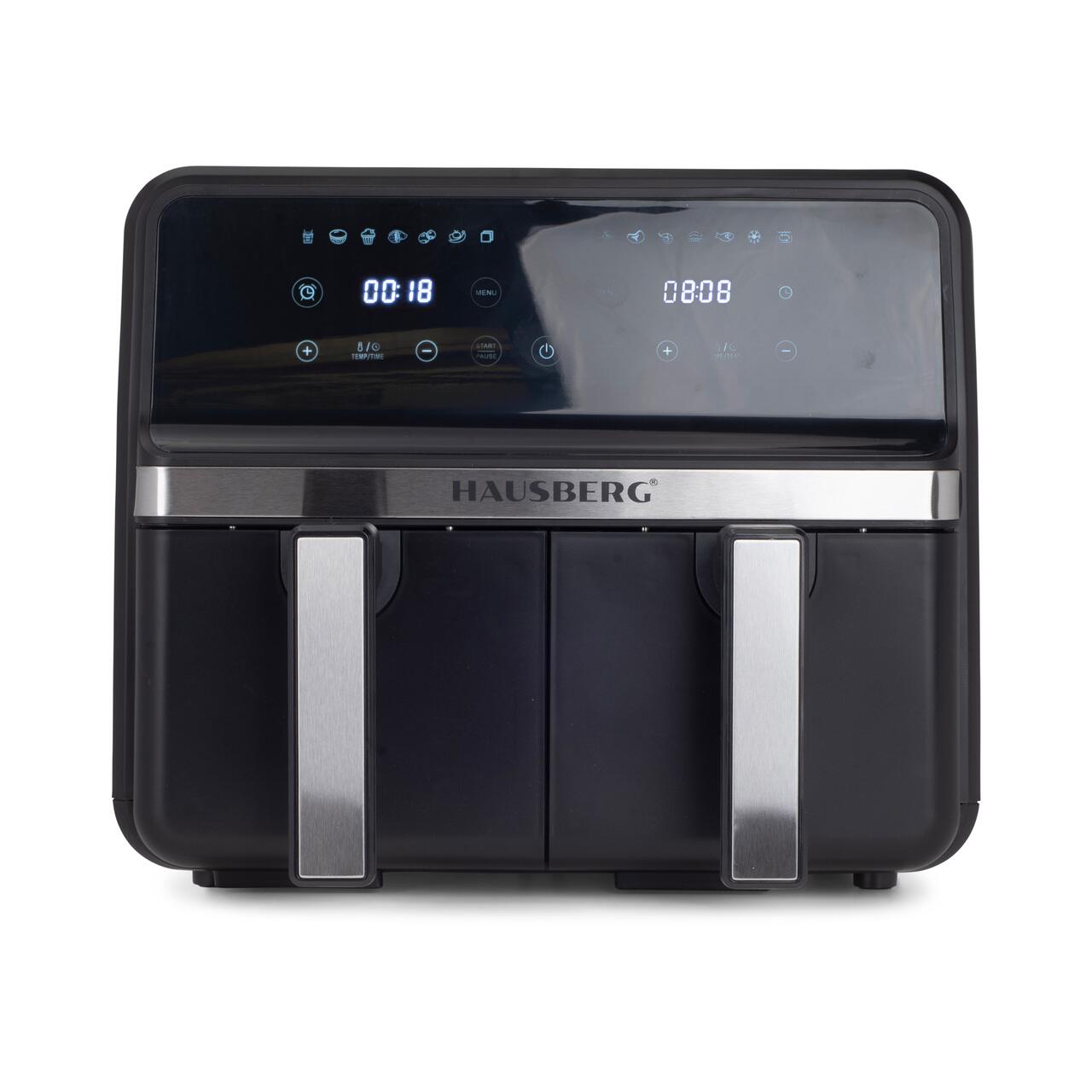 Friteuza dubla cu aer cald HAUSBERG HB-2373NG, 2200-2400W, capacitate 8.4L, termostat reglabil cu afisaj LED, control digital individual, 14 programe prestabilite, temporizator 60 min, ventilator de racire