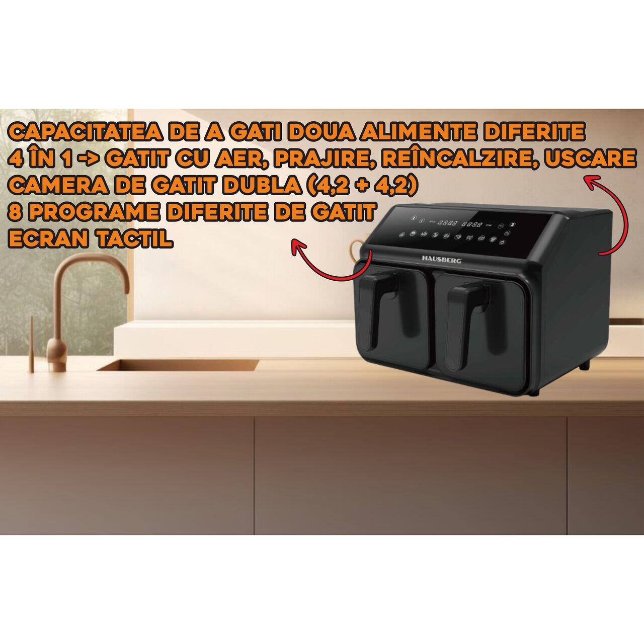 Friteuza dubla cu aer cald HAUSBERG HB-2375, 2200-2400W, 8 litri, Timer, 8 programe de gatit, 200C
