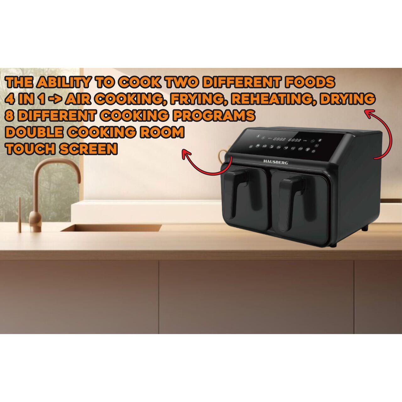 Friteuza dubla cu aer cald HAUSBERG HB-2375, 2200-2400W, 8 litri, Timer, 8 programe de gatit, 200C