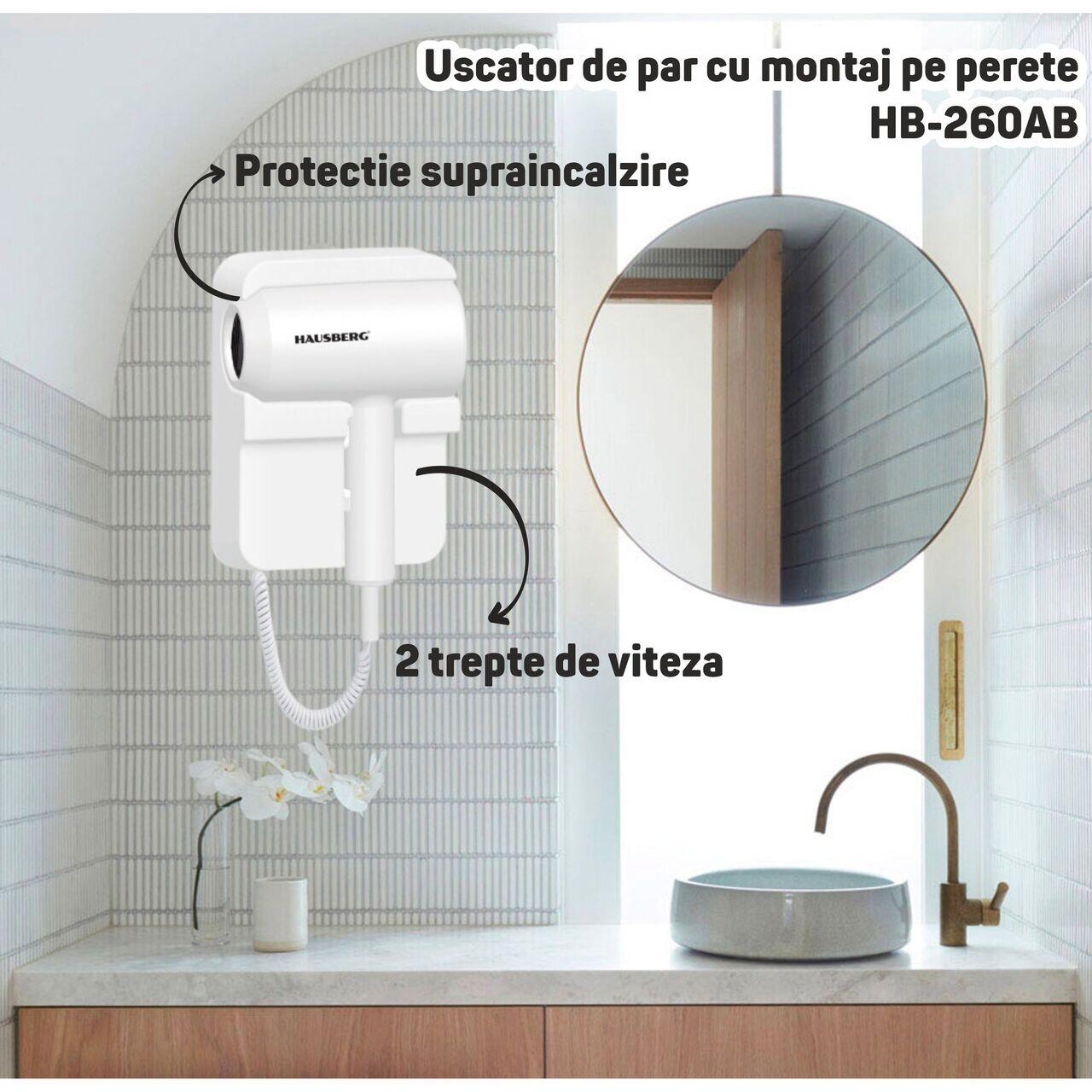 Uscator de par cu montaj pe perete HAUSBERG HB-260AB, 1200W, 2 trepte de viteza, protectie supraincalzire, accesorii incluse