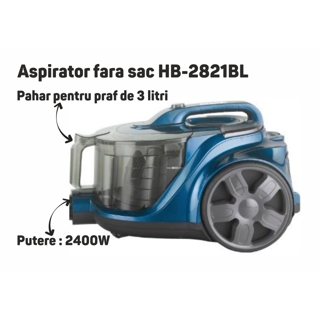 Aspirator fara sac HAUSBERG HB-2821BL, 1200-1800W, multiciclon, aspirare uscata, capacitate 3 litri, filtru HEPA, control viteza, derulator automat cablu