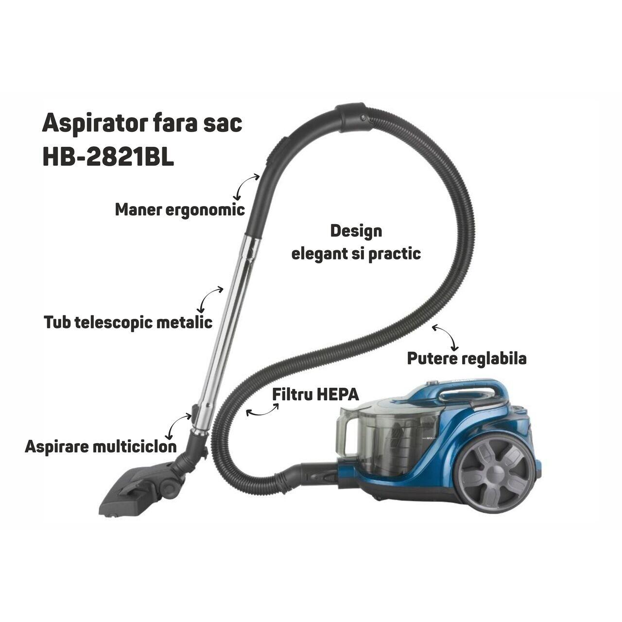 Aspirator fara sac HAUSBERG HB-2821BL, 1200-1800W, multiciclon, aspirare uscata, capacitate 3 litri, filtru HEPA, control viteza, derulator automat cablu