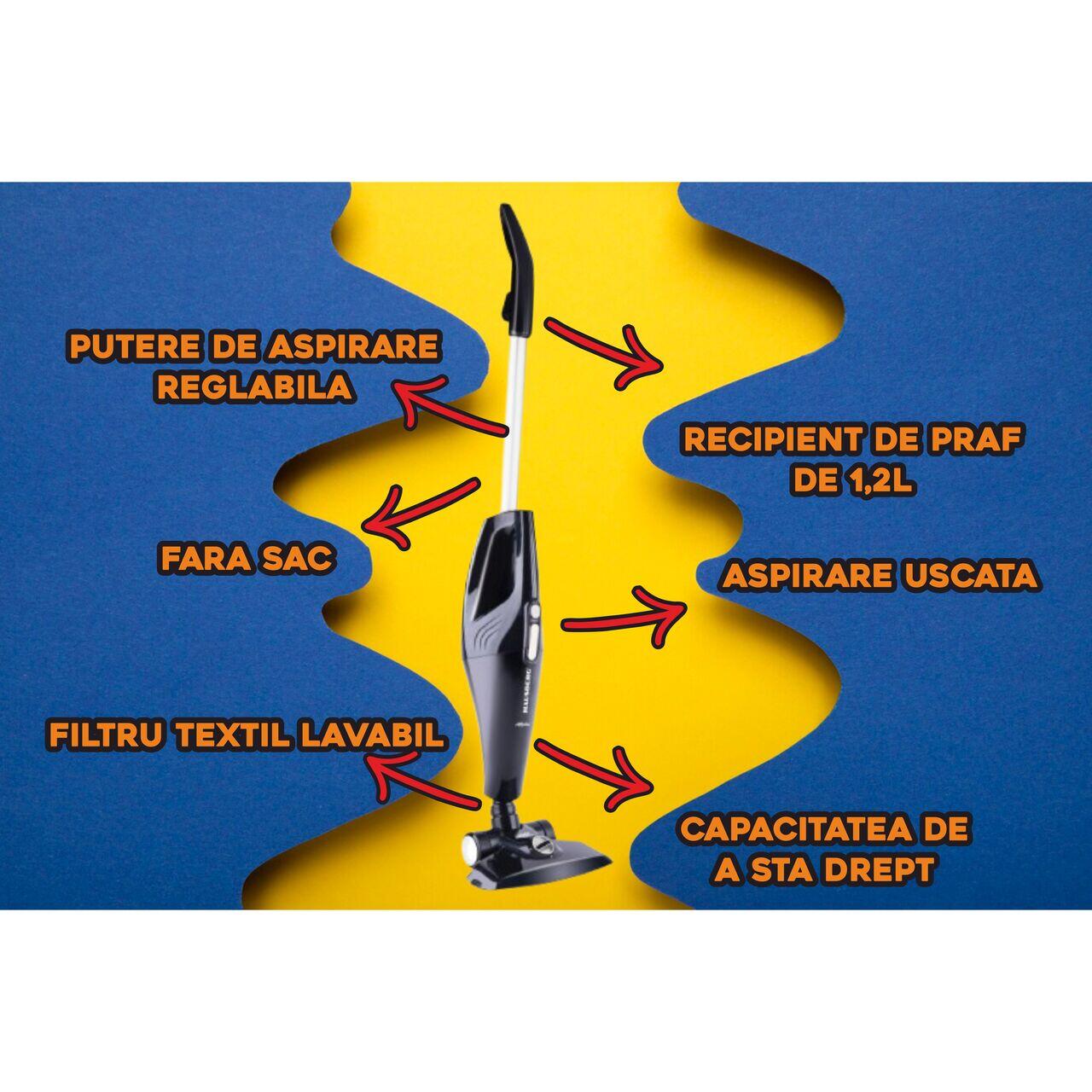 Aspirator vertical de mana HAUSBERG HB-2827NG 2 in 1, fara sac, aspirare uscata, filtru textil lavabil, 1.2 l, 800 W