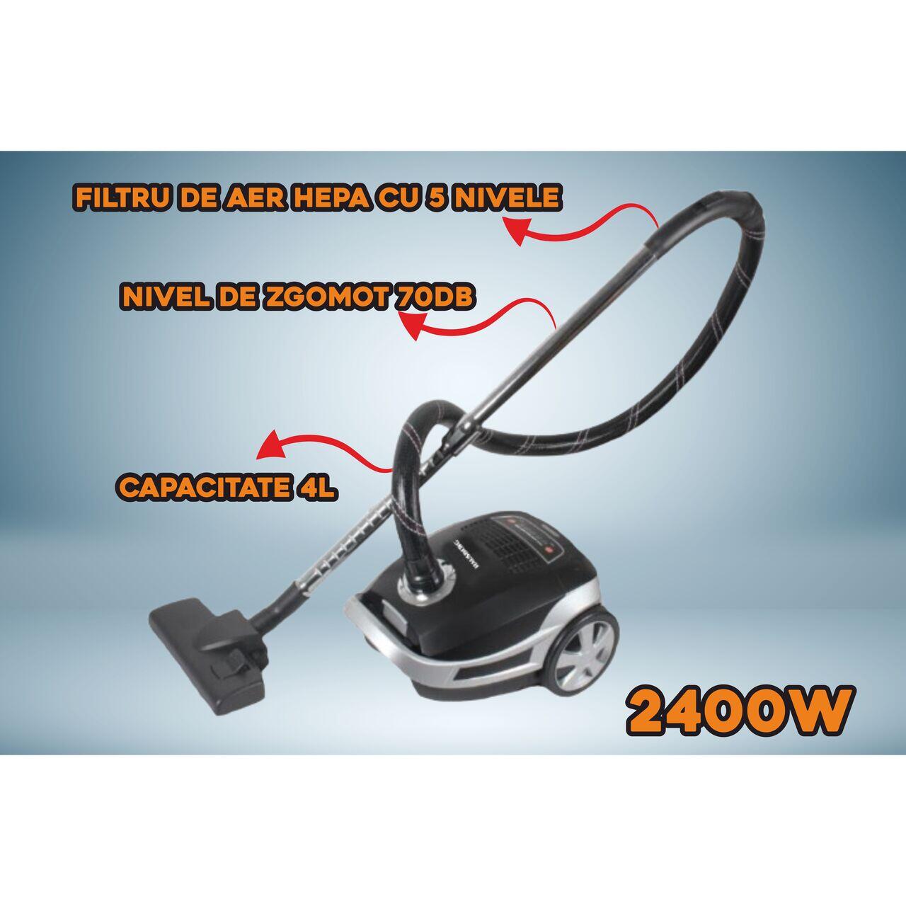 Aspirator Profesional cu sac Hausberg HB-2875NG, 2400 W, Nivel de zgomot 70dB, Capacitate 4L, Filtru De Aer Hepa Cu 5 Nivele, Lungime Cablu 5 M, Display Led, Furtun Rezistent