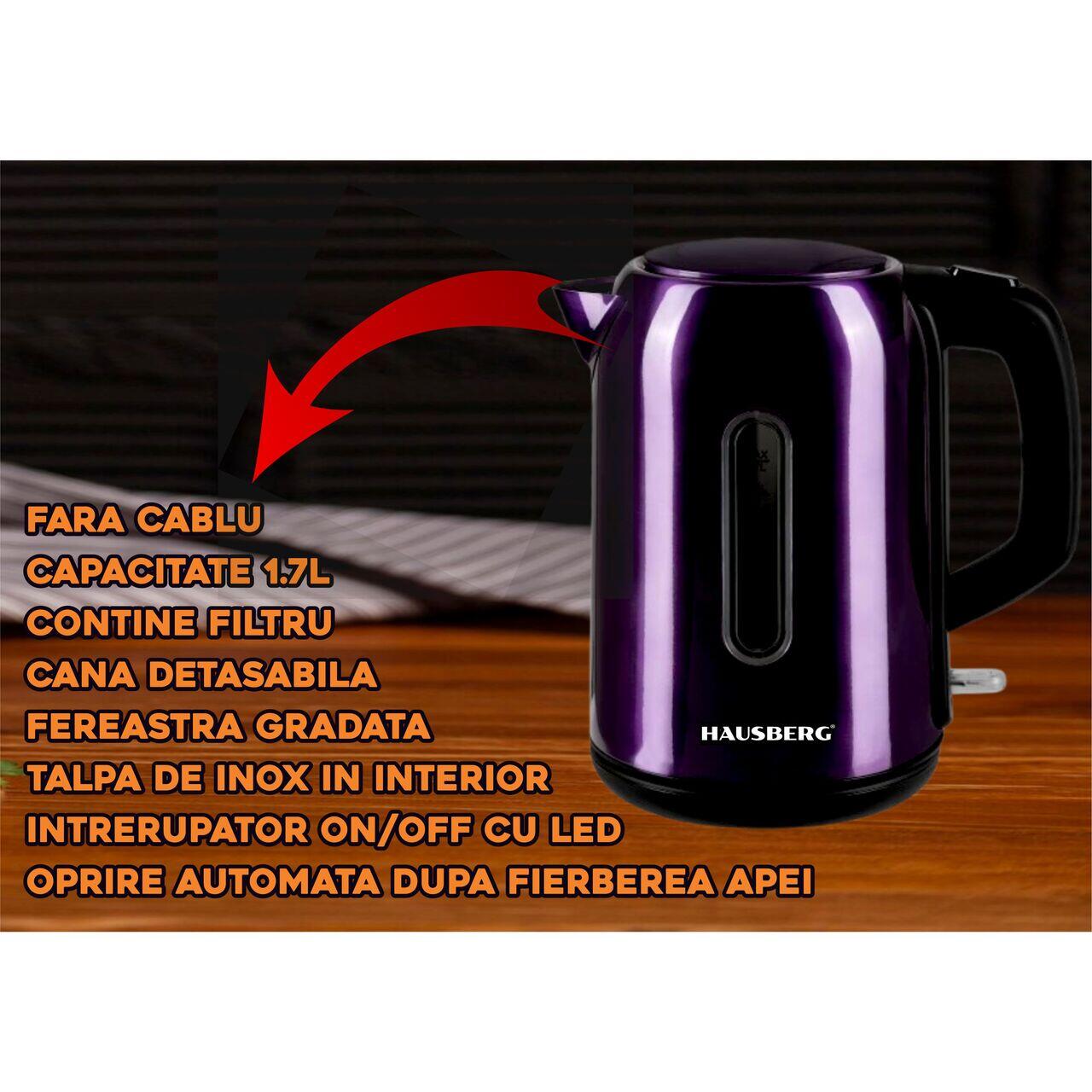 Cana fierbator Hausberg HB-3608MV, 2200 W, 1.7 l, Inox