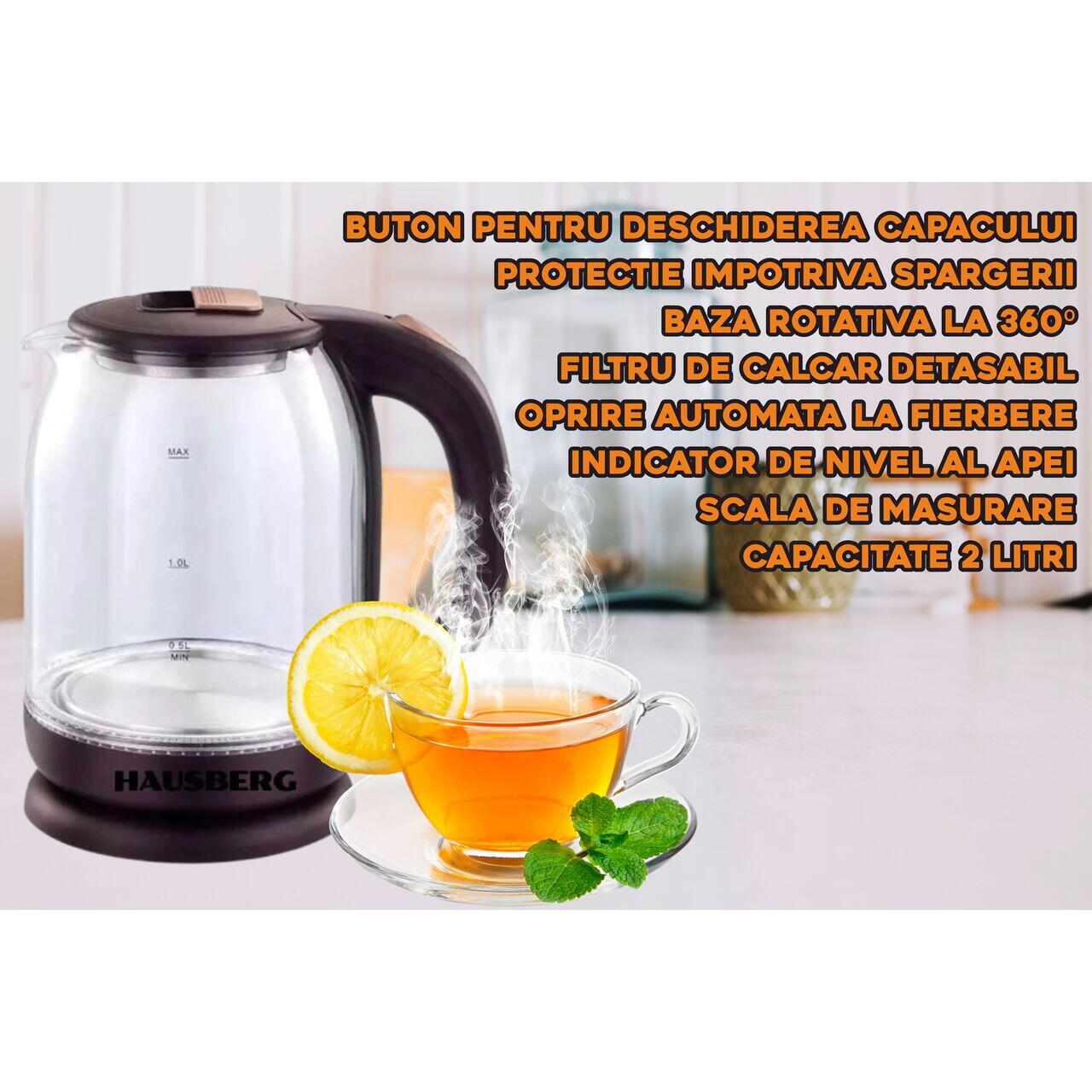 Fierbator apa, HAUSBERG HB-3616, putere 1500 W - 1800 W, capacitate 2L, oprire automata, vas din sticla, suport rotativ