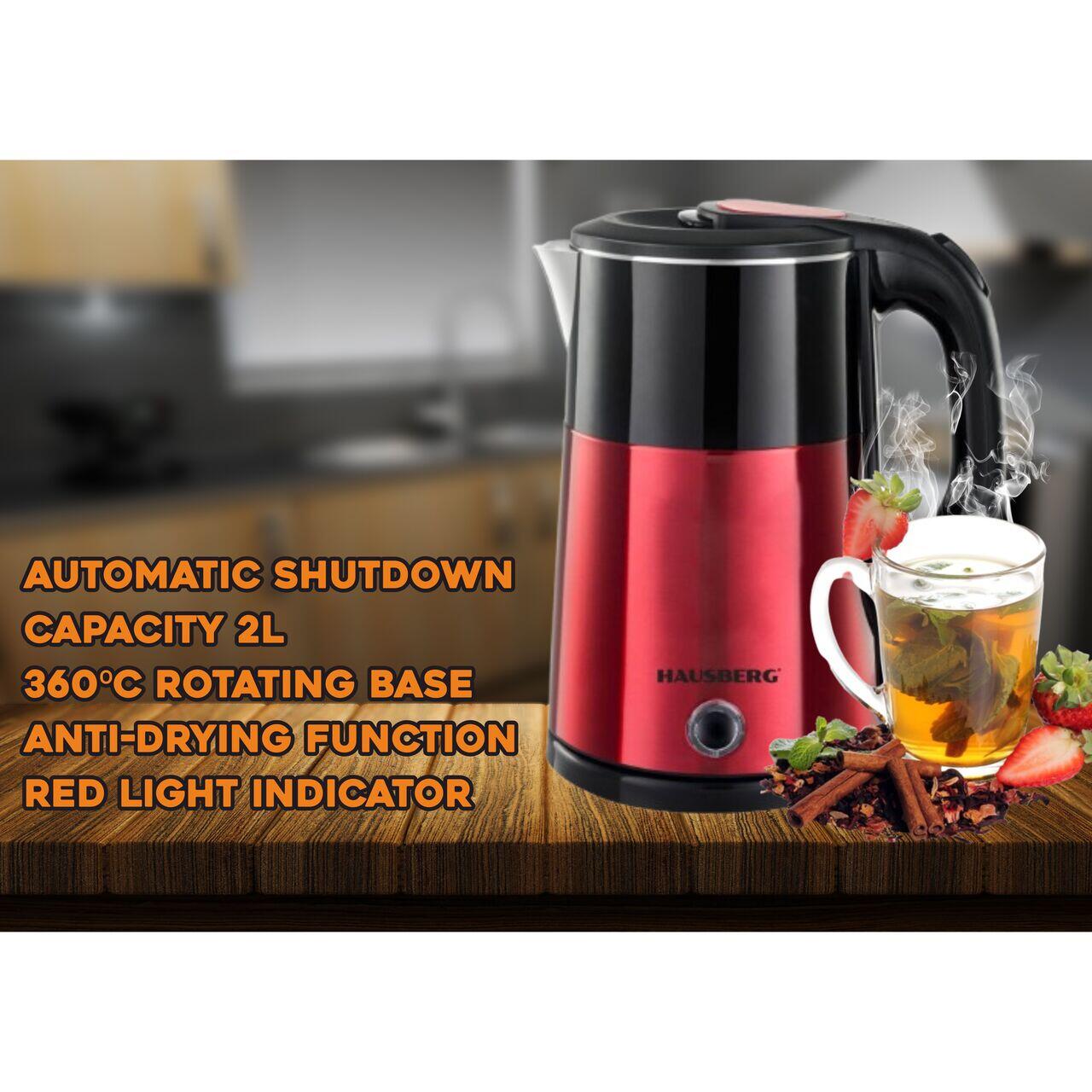 Cana fierbator Hausberg HB-3618RS, 1500 W, 2 L, Baza rotativa 360 grade, Indicator luminos, Oprire automata