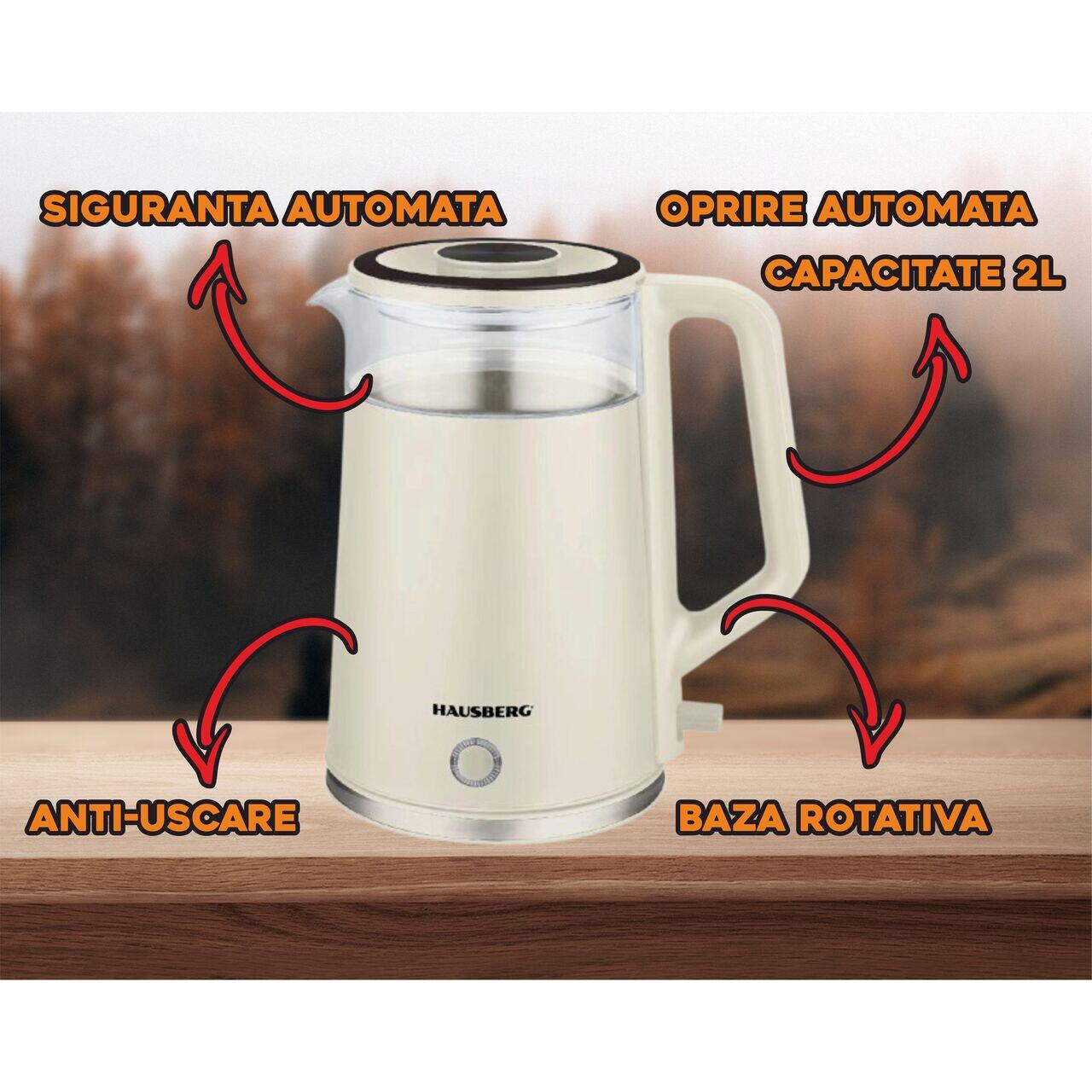 Cana fierbator HAUSBERG HB-3619BEJ, 1500 - 1800W, capacitate 2L, Anti-uscare, Oprire automata, Material Inox, sticla + plastic