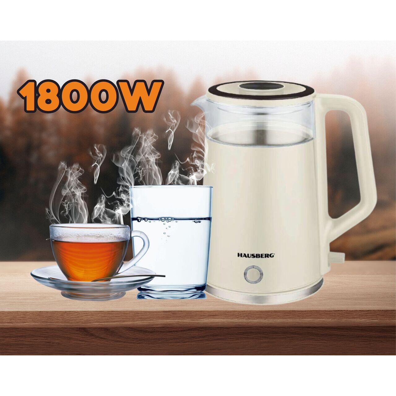 Cana fierbator HAUSBERG HB-3619BEJ, 1500 - 1800W, capacitate 2L, Anti-uscare, Oprire automata, Material Inox, sticla + plastic
