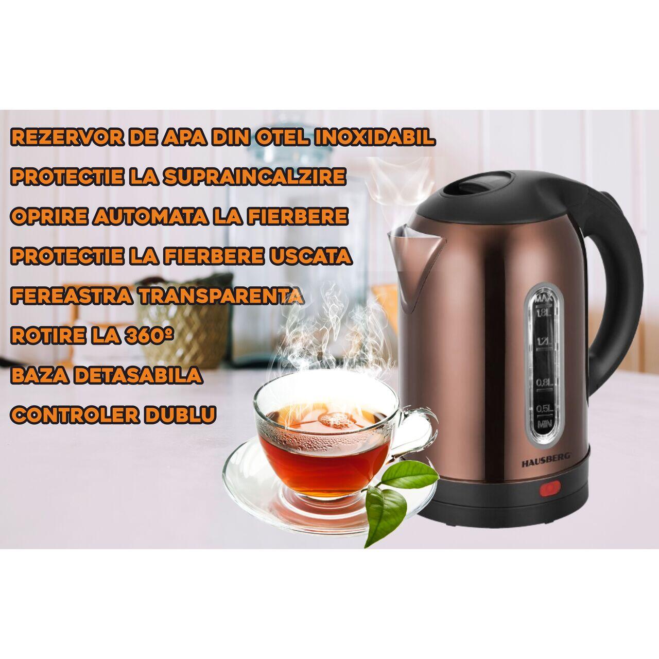 Fierbator apa electric HAUSBERG HB-3621CU, 1500 - 1800 W, 1.8 litri, rezervor de apa din otel inoxidabil, oprire automata la fierbere, rotire la 360 grade, protectie la supraincalzire, baza detasabila