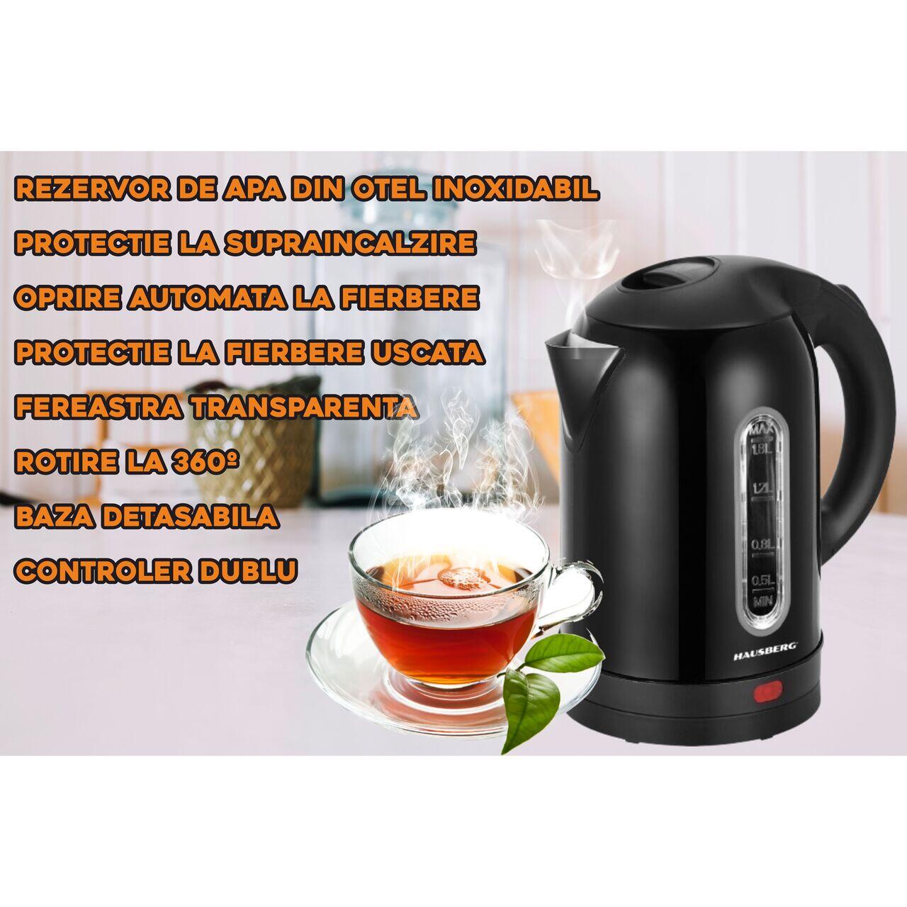 Fierbator apa electric HAUSBERG HB-3621NG, 1500 - 1800 W, 1.8 litri, rezervor de apa din otel inoxidabil, oprire automata la fierbere, rotire la 360 grade, protectie la supraincalzire, baza detasabila
