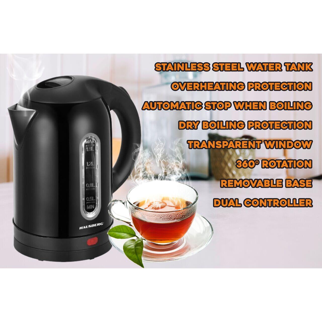 Fierbator apa electric HAUSBERG HB-3621NG, 1500 - 1800 W, 1.8 litri, rezervor de apa din otel inoxidabil, oprire automata la fierbere, rotire la 360 grade, protectie la supraincalzire, baza detasabila