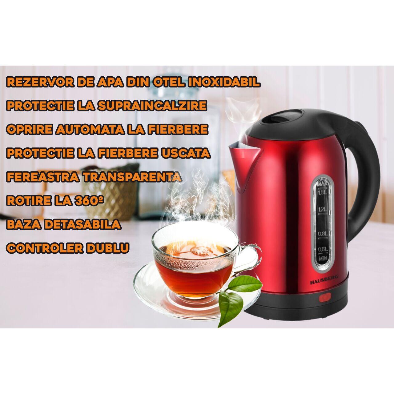 Fierbator apa electric HAUSBERG HB-3621RS, 1500 - 1800 W, 1.8 litri, rezervor de apa din otel inoxidabil, oprire automata la fierbere, rotire la 360 grade, protectie la supraincalzire, baza detasabila