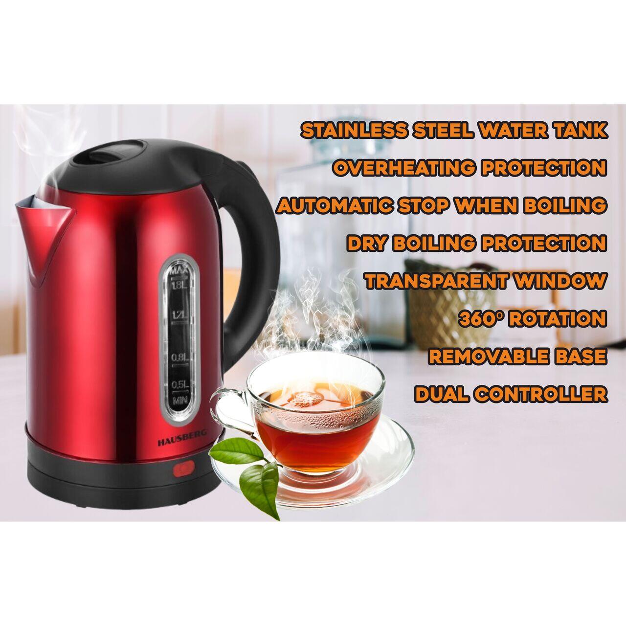 Fierbator apa electric HAUSBERG HB-3621RS, 1500 - 1800 W, 1.8 litri, rezervor de apa din otel inoxidabil, oprire automata la fierbere, rotire la 360 grade, protectie la supraincalzire, baza detasabila
