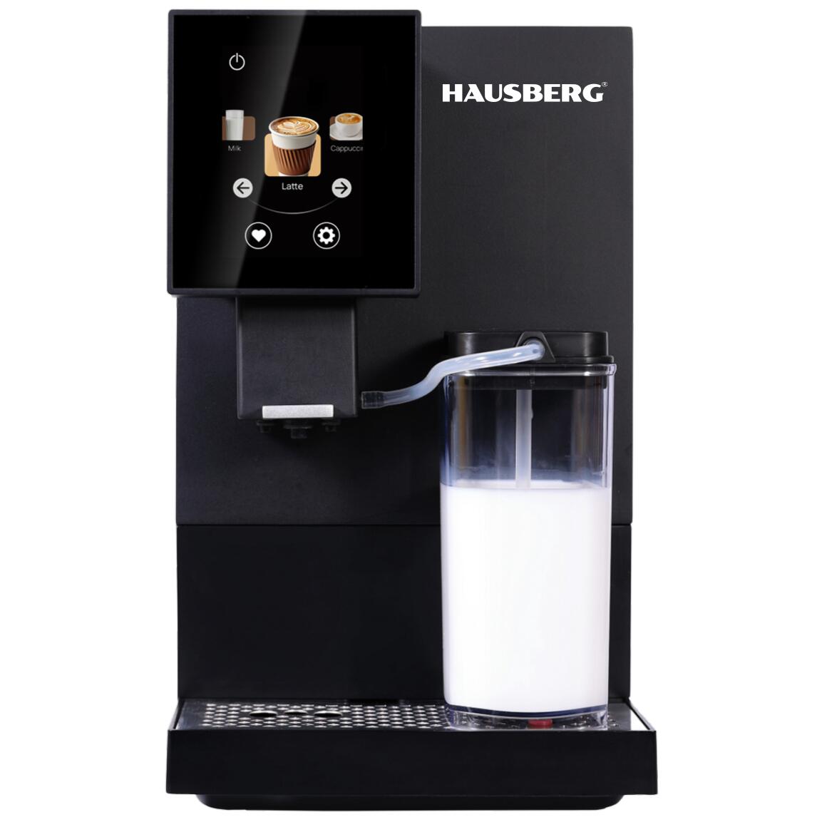 Aparat de cafea digital Hausberg HB3775NG, automat boabe, ecran tactil TFT 3.5", cappuccino/latte, recipient lapte 400 ml, rezervor 1.1 L, 1100-1350 W
