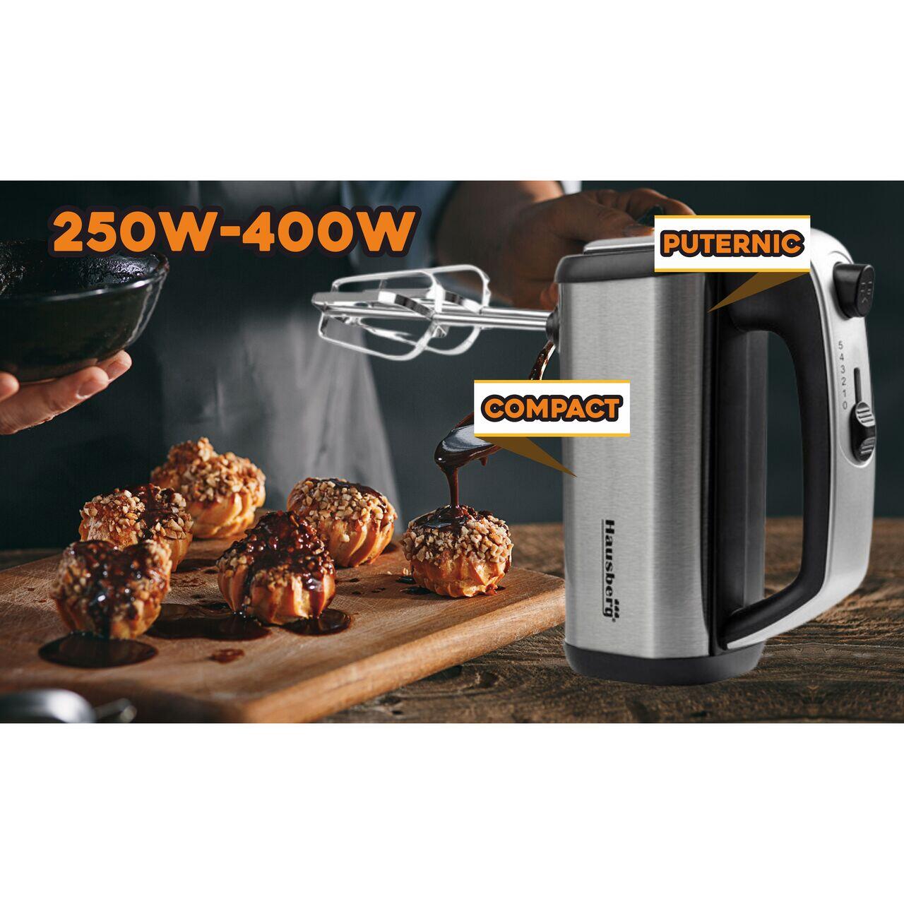 HAUSBERG HB-4201NG Kézi mixer, 5 sebességfokozat, Réz motor, 250W-400W, Rozsdamentes acél ház